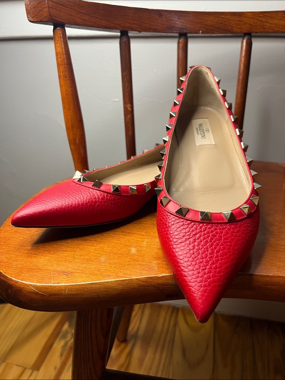 Valentino Garavani Rockstud Pointed Toe Ballerina Flats Red Size 37.5
